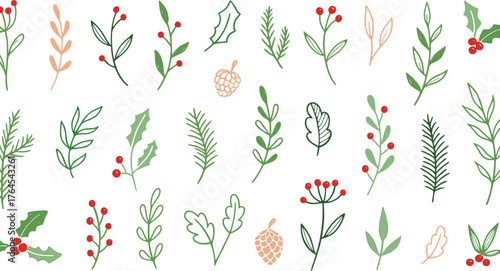 Assorted Hand Drawn Greenery and Berries with Pinecones on White Background Keywords: greenery, berries, pinecone, hand drawn, illustration, nature