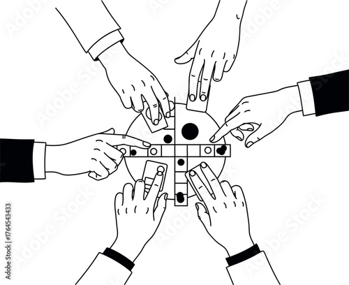Diverse hands working together in a circle on a project with a central focus point