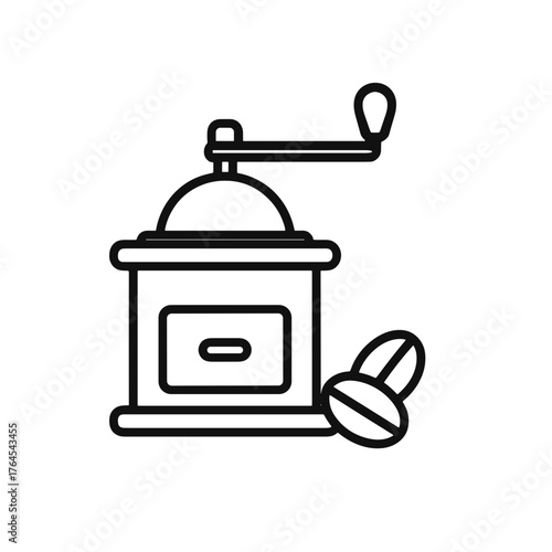 Minimal line icon of vintage manual coffee grinder with beans, representing traditional brewing and artisanal coffee preparation