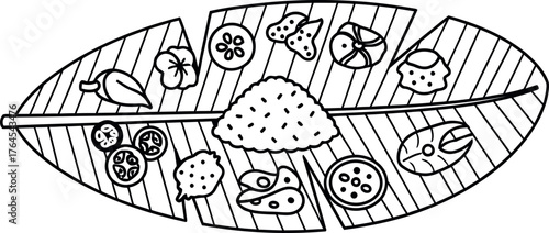 Hand drawn sketch of a traditional south indian vegetarian meal served on a banana leaf with various curries and rice