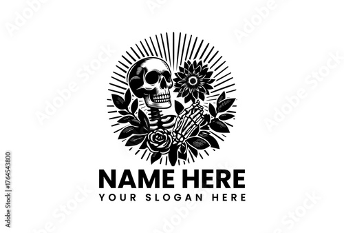 Fotografie Intricate Black and White Skull Floral and Hand Design for Branding