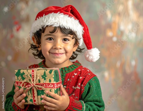 Dziecko przebrane za elfa trzymające prezent w dłoniach