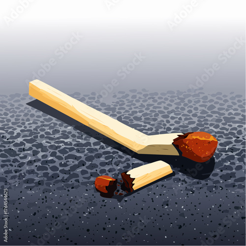 A single, fragile, unlit matchstick is broken in half, lying discarded on a dark, rough surface.