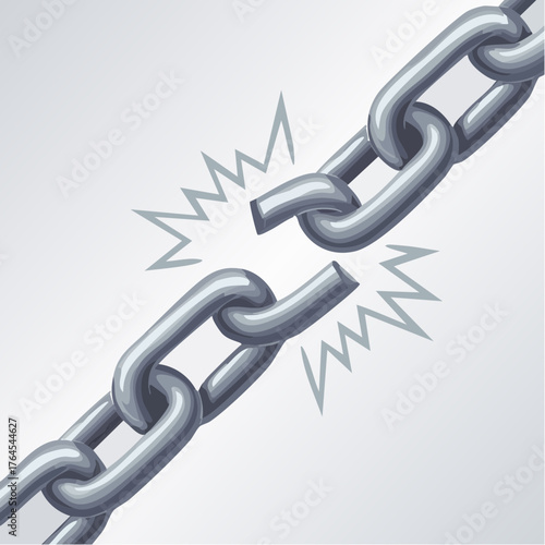 A thick, heavy chain has a single, snapped link, showing immense, irreparable structural damage.