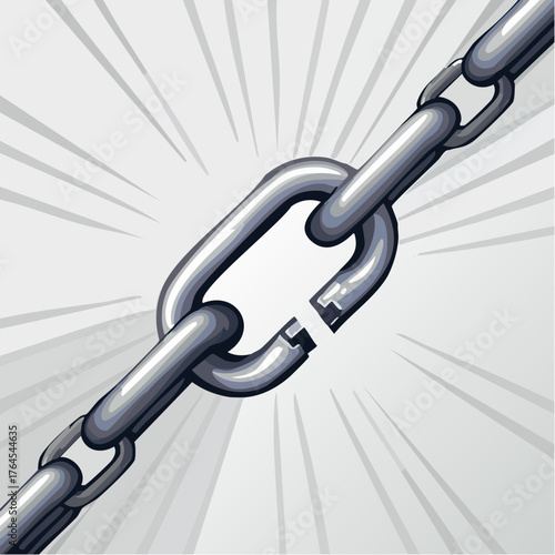 A thick, heavy chain has a single, snapped link, showing immense, irreparable structural damage.