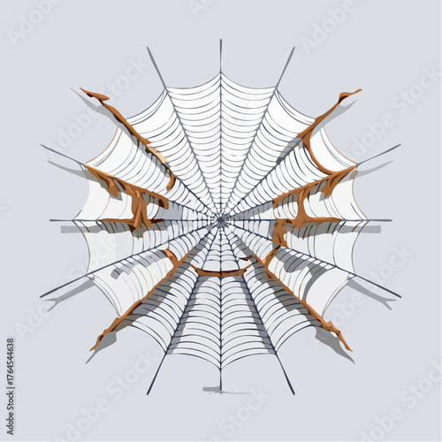 A delicate spider web is torn and frayed, its intricate design ruined by an unseen, violent impact.