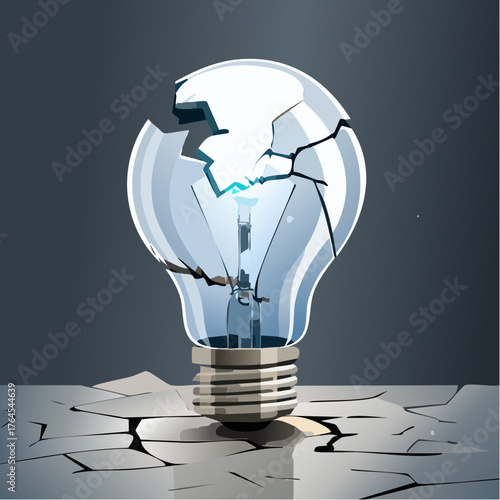 A shattered lightbulb, its filament broken, rests on a dark surface, symbolizing an idea lost.