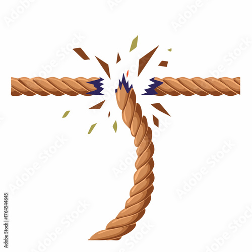 A worn, frayed rope is completely snapped, its broken ends hanging uselessly from a high point.