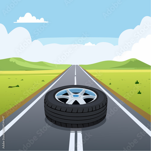 An empty, deflated tire lies flat on a lonely, desolate road, far from any destination.
