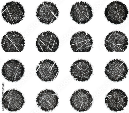 Set of sixteen abstract grunge circles with white lines.