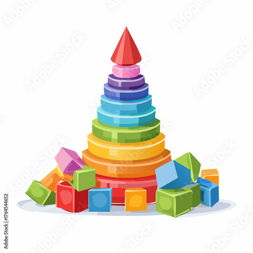 A tall, intricate stack of colorful building blocks has completely toppled over into a messy heap.