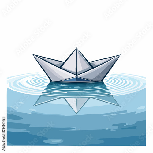 A delicate, intricately folded paper boat is half submerged in a pool of clear, still water.