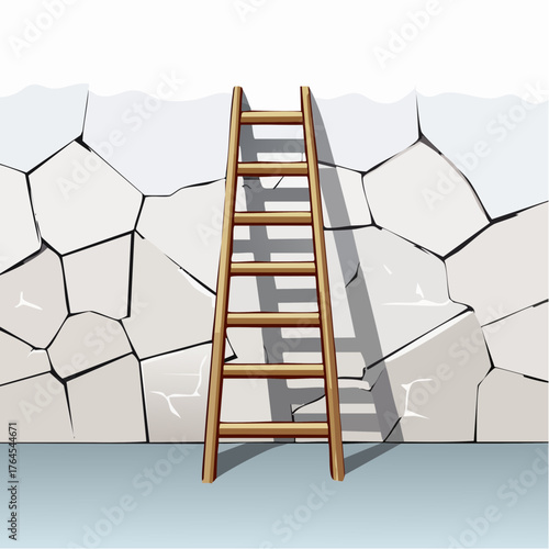 A broken ladder with several missing rungs leaning against a plain, cracked concrete wall.
