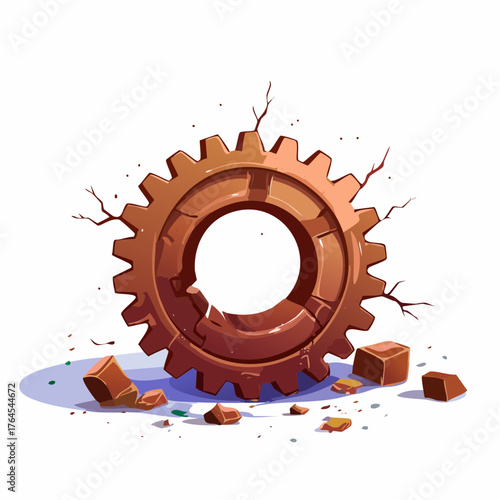 A rusted, broken cogwheel lies discarded on a factory floor, unable to turn or function.