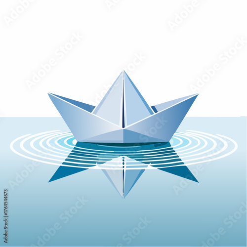 A delicate, intricately folded paper boat is half submerged in a pool of clear, still water.