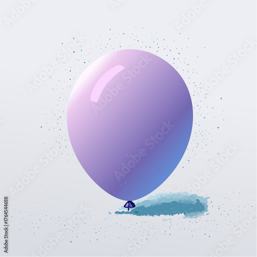 A deflated balloon resting on a blank, flat surface surrounded by faint specks of glitter.