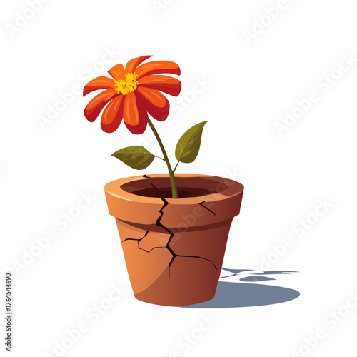 A wilting flower leaning sideways in a cracked pot casting faint shadows on a white surface.