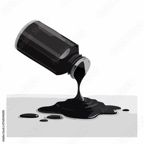An overturned ink bottle spilling dark liquid into chaotic shapes on a clean white surface.