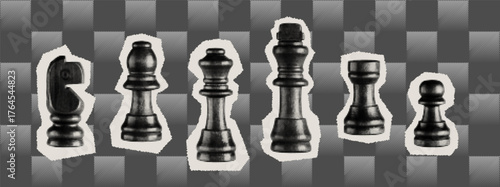 Vector collage of chess pieces with halftone texture and torn paper effect. Abstract retro design in black and white style