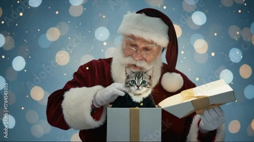 Santa Claus is opening a gift box to reveal a cute kitten. The cat looks directly at the viewer with big eyes. The background is festive, with blurred lights.