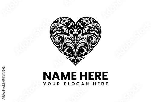 Ornate Heart Design with Swirling Filigree and Flourishes in Black and White.