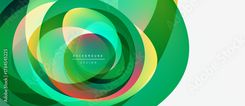Abstract vibrant layers create swirling circular design. Green dominates, with hints yellow, red, blue. Modern background element.