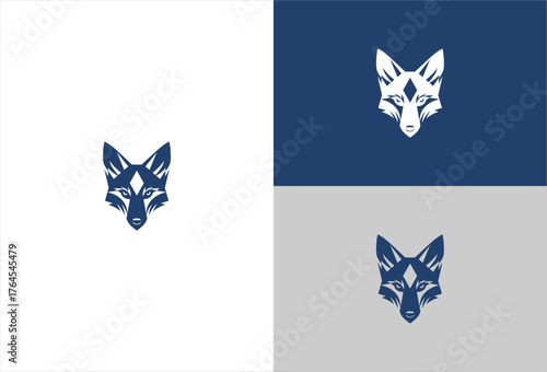 Stylized fox head, clean design on 3 backgrounds, blue, white, gray