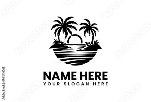 Silhouette of Tropical Beach Scene with Palm Trees and Sunset.