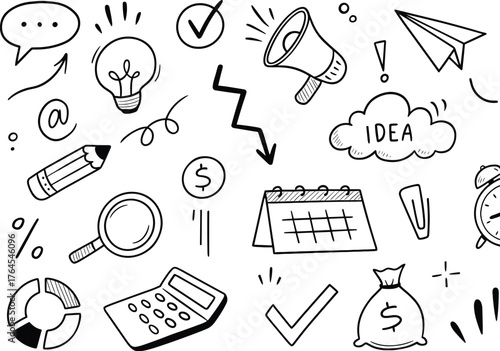 Black and White Doodle Icons for Business and Finance with a Clock and Paperclip illustration