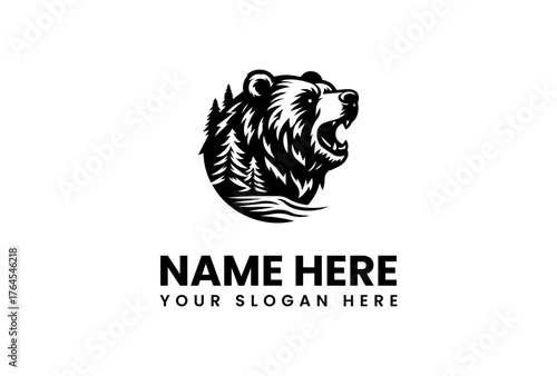 Roaring Bear Head Silhouette with Pine Trees and River Design.
