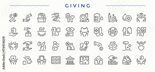 Giving linear icon collection. Containing box, event, packaging, celebrate, birthday, coupon, christmas and more. Outline icons collection. Vector collections. Ribbon modern icon set.