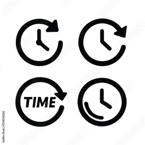 Four black and white clock icons with arrows, representing time and its cyclical nature.