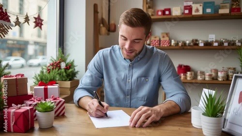 Young happy man sitting at a wooden table in a cafe, writing a christmas greeting card with a pen. He is surrounded by beautifully wrapped red gifts and festive new year's decorations