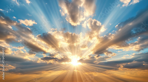 Bright sun rays shining through clouds create inspirational atmosphere in nature