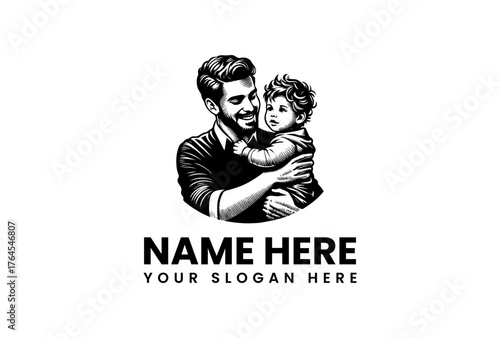 Smiling Father Holding CurlyHaired Baby in Monochrome Engraving Style.