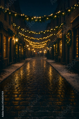 Empty Street Decorated with Golden Christmas Lights