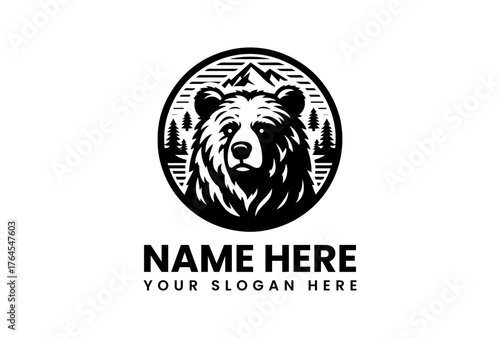 Stylized Bear Head with Mountain and Pine Tree Silhouette in Circular Frame.