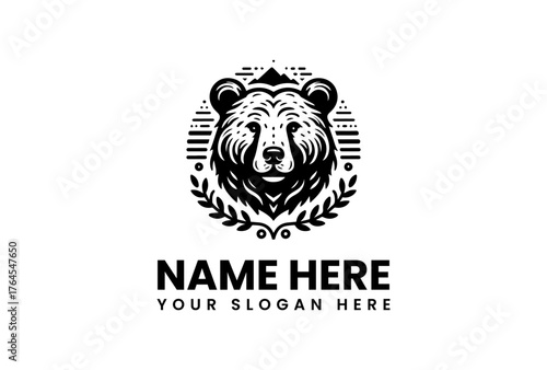 Stylized Bear Head with Mountain Crown and Laurel Wreath in Black and White.