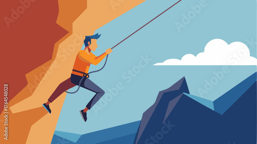 A rock climber making a daring ascent on a cliff face with a safety rope and gear secured.