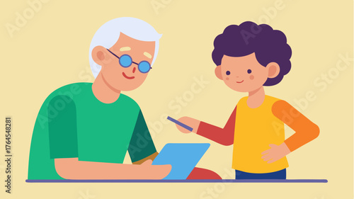 An older participant guiding a younger member in a collaborative art project emphasizing intergenerational learning and bonding.