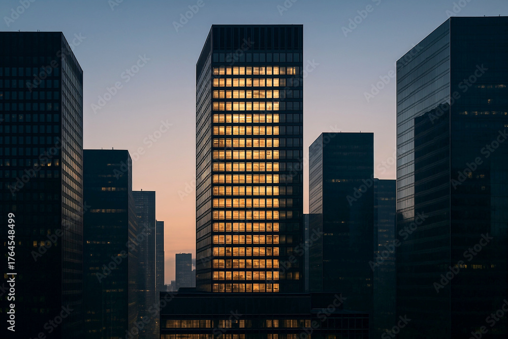 Fototapeta premium Modern skyscrapers with illuminated windows at dusk 