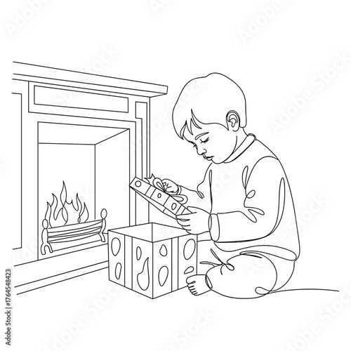 Child opening present by fireplace, Christmas morning gift exchange and family holiday celebration
