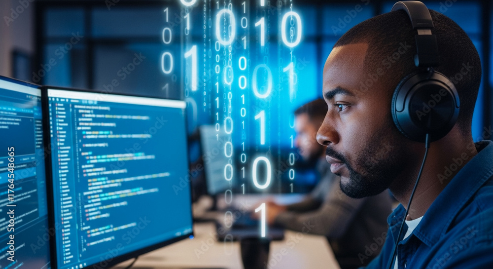 Man coding with headphones startup, focused software developer working ...