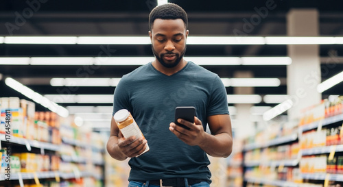 Man comparing prices on phone while shopping in grocery store, consumer decision-making and budgeting