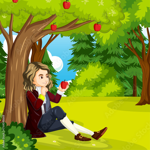Scientist Sitting Under Apple Tree Concept — Discovery of Gravity in Nature Cartoon Illustration