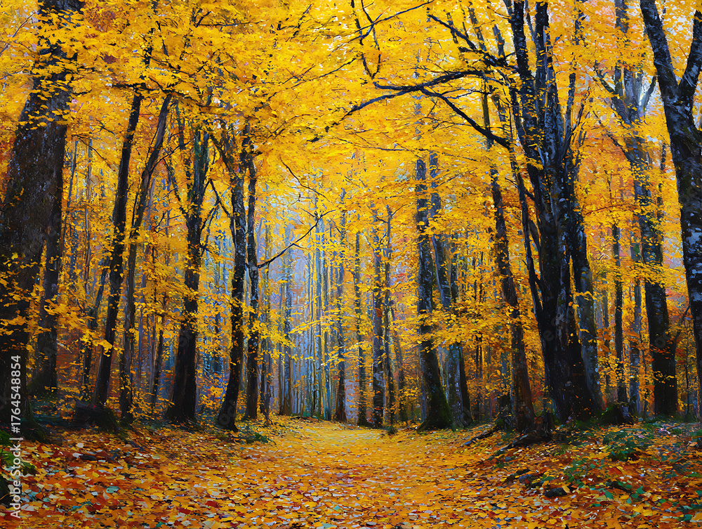 Obraz premium Golden yellow and fiery orange autumn foliage lines a forest path in the woods, a colorful landscape of trees in the fall season