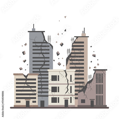 City buildings collapsing during earthquake with dust and debris showing destruction and structural damage