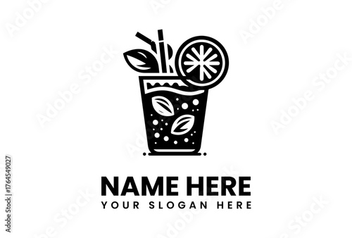 Stylized Cocktail Glass with Citrus Slice Straws and Mint Leaves Icon.