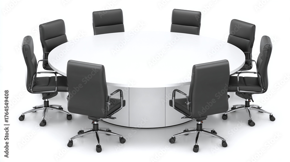 Fototapeta premium A round table with a white top and eight black office chairs is set against a bright backdrop for a meeting or conference setting.