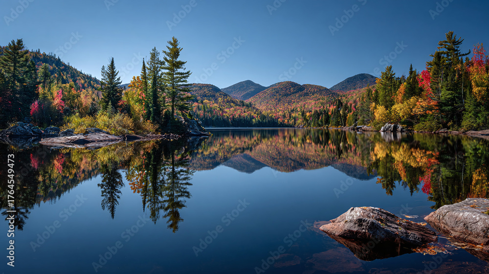 Obraz premium Serene lake reflecting a vibrant forest and clear sky, framed by rocks in the water creating picturesque nature scene. A tranquil beauty.